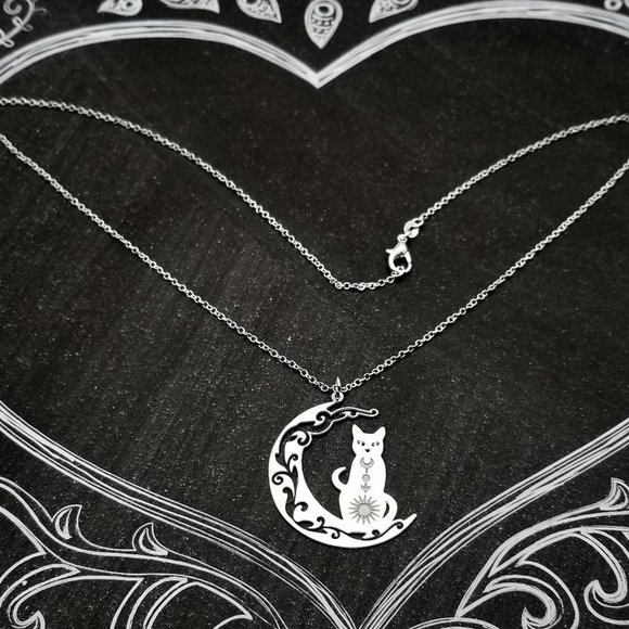 Filigree Crescent Moon & Cat Silver Necklace - Picture 3 of 3